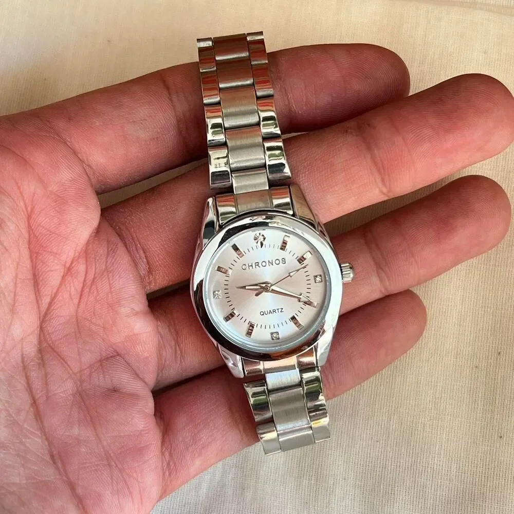 silver classy y2k sporty round stainless steel quartz luxury watch
